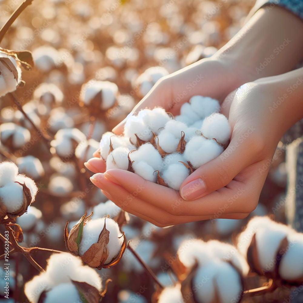 Close-up of female hands holding white cotton flowers on cotton field Close-up of female hands holding white cotton flowers on cotton field