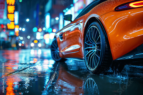 luxury modern orange sports car in city on the road at night with rain. Taillight close up © alexkoral