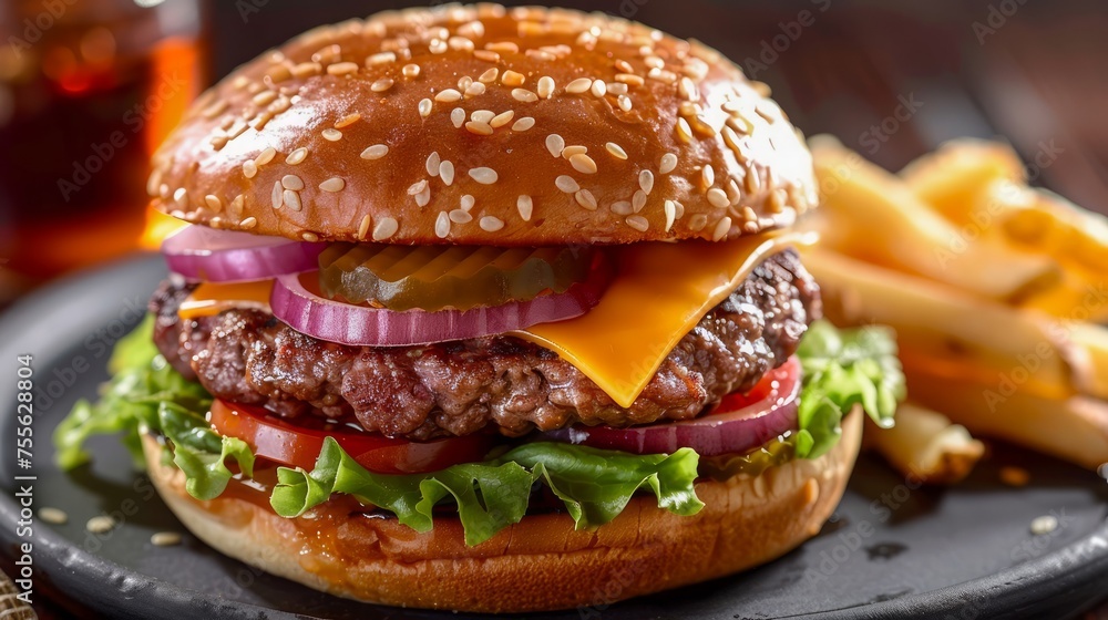 Delicious Juicy Cheeseburger with Lettuce, Tomato, Onion and Sesame Bun Served with Golden French Fries on Dark Background Delicious Juicy Cheeseburger with Lettuce, Tomato, Onion and Sesame Bun Served with Golden French Fries on Dark Background