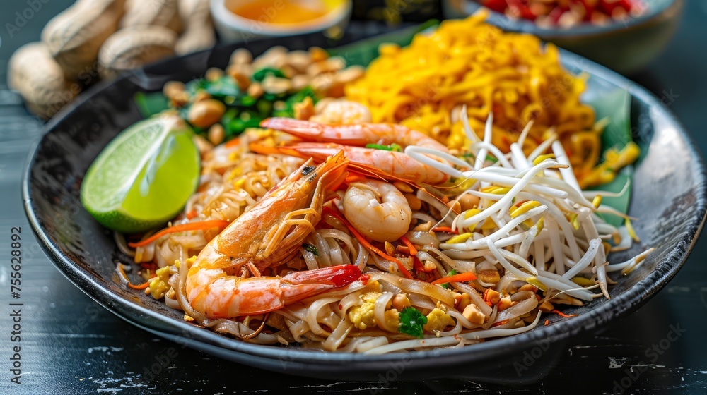 Traditional Pad Thai Dish with Shrimp, Peanuts, Bean Sprouts, and Lime on Dark Plate, Authentic Thai Cuisine Concept. Traditional Pad Thai Dish with Shrimp, Peanuts, Bean Sprouts, and Lime on Dark Plate, Authentic Thai Cuisine Concept.