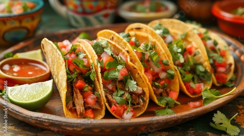 Traditional Mexican Tacos with Beef, Lettuce, Tomato, and Cheese on Rustic Wooden Table, Authentic Cuisine Concept