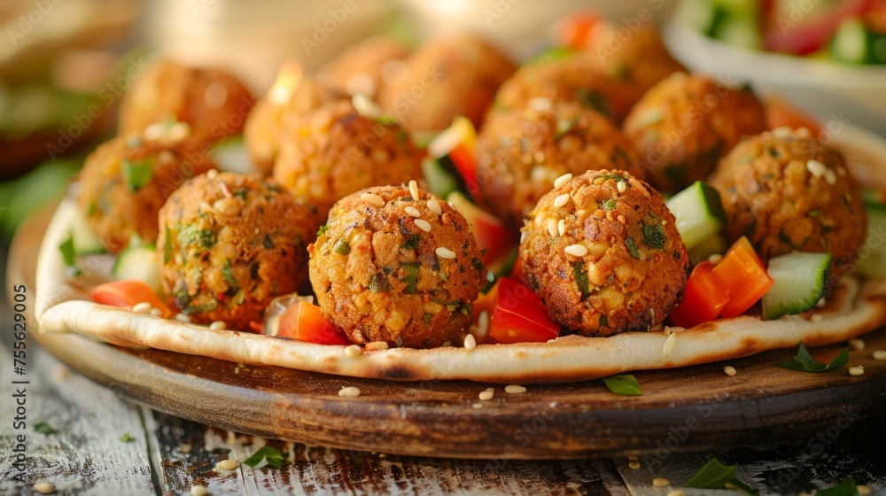 Delicious Homemade Falafel Balls with Diced Tomatoes, Cucumbers on Rustic Wooden Table - Mediterranean Cuisine Concept Delicious Homemade Falafel Balls with Diced Tomatoes, Cucumbers on Rustic Wooden Table - Mediterranean Cuisine Concept