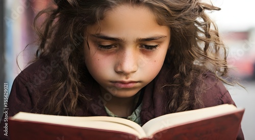  Capturing the Essence of Resilience in a Close-Up Portrait of a Poverty-Stricken Street Girl Immersed in the Pages of Knowledge