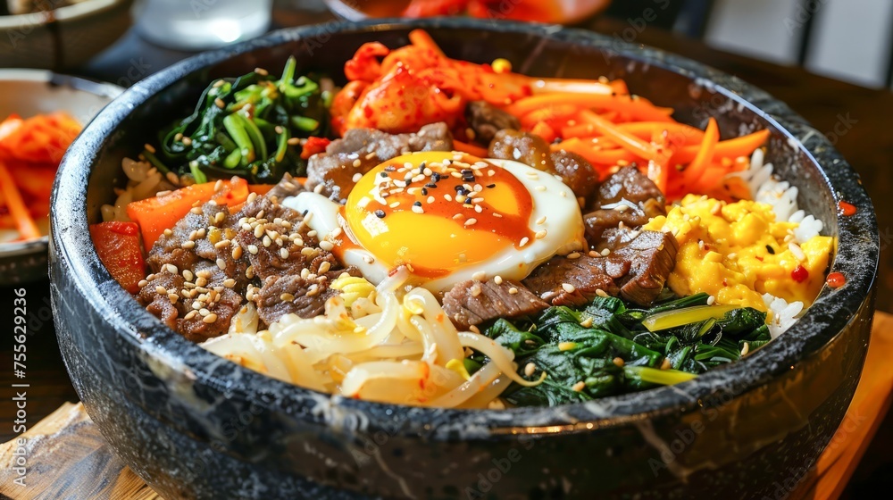 Traditional Korean Bibimbap in Hot Stone Bowl with Vegetables, Beef, Egg, and Spicy Gochujang Sauce Traditional Korean Bibimbap in Hot Stone Bowl with Vegetables, Beef, Egg, and Spicy Gochujang Sauce