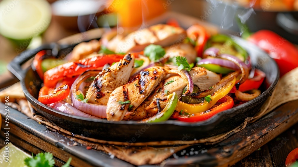 Succulent Grilled Chicken Fajitas with Colorful Bell Peppers and Onions on a Sizzling Cast Iron Skillet, Mexican Cuisine Concept