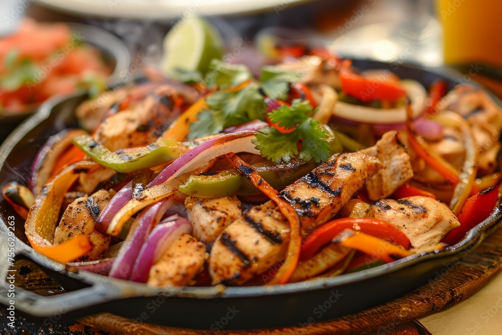 Sizzling Chicken Fajitas with Colorful Bell Peppers and Onions on a Cast Iron Skillet, Garnished with Fresh Cilantro Sizzling Chicken Fajitas with Colorful Bell Peppers and Onions on a Cast Iron Skillet, Garnished with Fresh Cilantro
