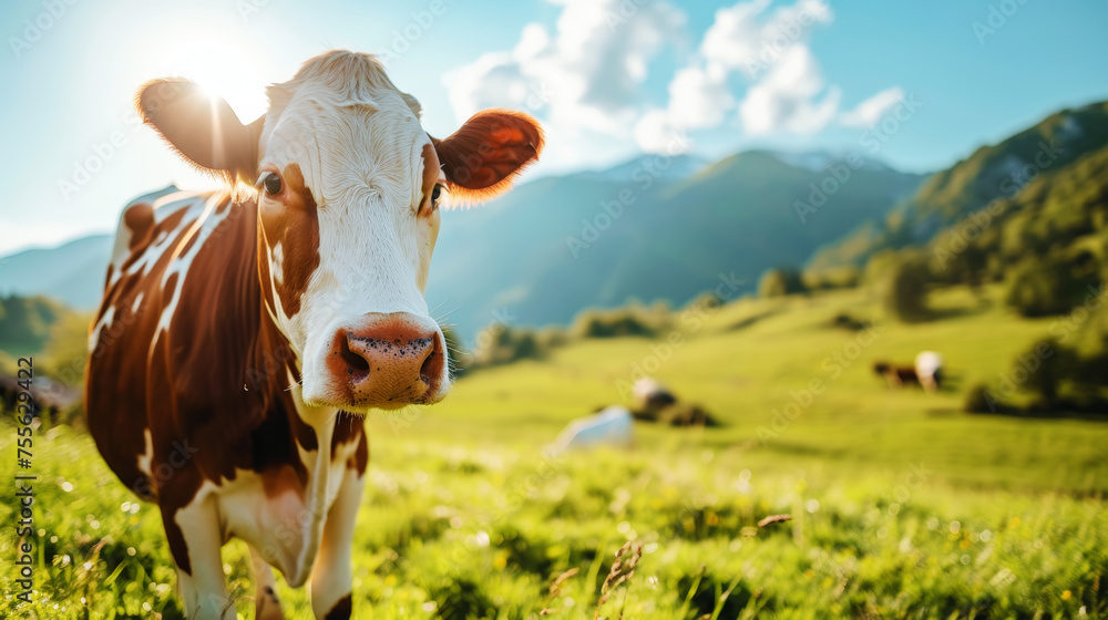 A well-groomed cow on green meadow on a sunny day. Organic dairy products concept. Agricultural landscape. Generative AI