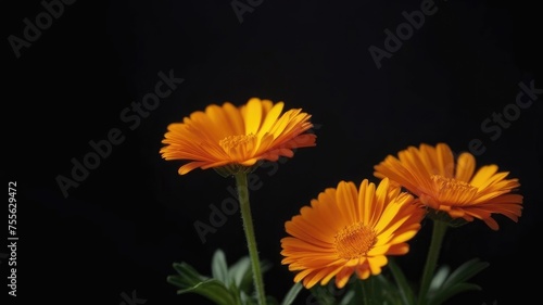 Orange marigold flowers on a black stone background. Calendula medicinal flowers. Copy space, place for text, empty space. © Vero
