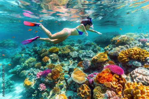 Underwater Exploration: Woman Snorkeling Amongst Colorful Fish in a Coral Reef