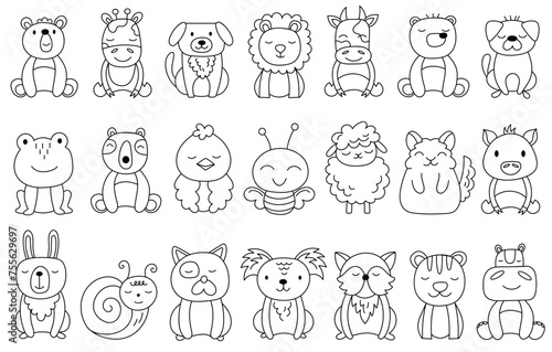 Cute doodle little animals, birds, insects outline coloring graphic drawing set vector illustration