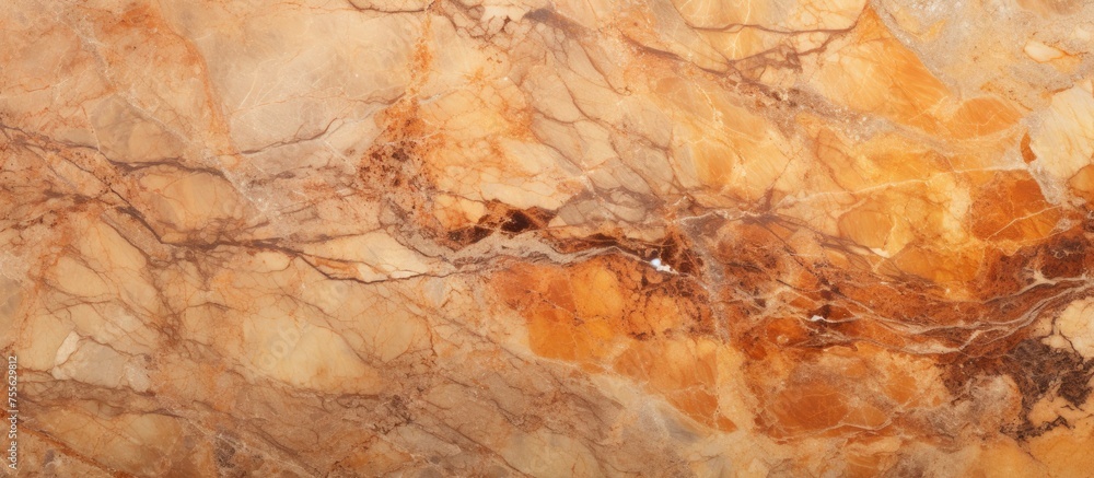 An up-close view of an old marble surface, showcasing intricate patterns of orange, brown, and yellow veins on a smooth cement background. An up-close view of an old marble surface, showcasing intricate patterns of orange, brown, and yellow veins on a smooth cement background.
