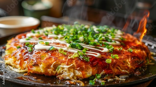Delicious Traditional Japanese Okonomiyaki Pancake Drizzled with Sauce and Mayonnaise  Garnished with Green Onions on Hot Skillet