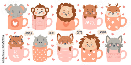 Cute funny animals sitting inside cups showing love emotion and adoration isolated kawaii set