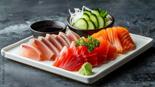 Fresh Sashimi Platter with Salmon, Tuna, and Yellowtail - Traditional Japanese Cuisine on Dark Stone Background