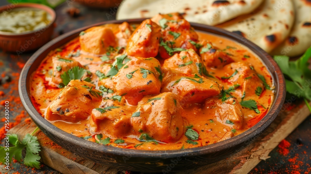 Spicy Chicken Tikka Masala in Bowl with Rice and Naan Bread Garnished with Fresh Cilantro on Rustic Table Background, Traditional Indian Cuisine Concept