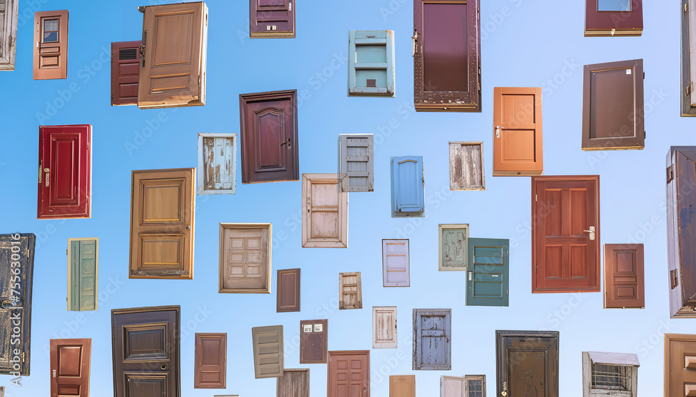 Doors of various sizes and shapes suspended in mid-air - wide format Doors of various sizes and shapes suspended in mid-air - wide format
