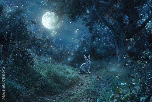 A moonlit glade where rabbits with silver fur leave trails of starlight as they hop