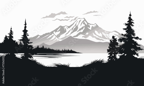 Black and white mountain range wall art, symbolic landscapes trees stencil art outdoor scenes vector illustration