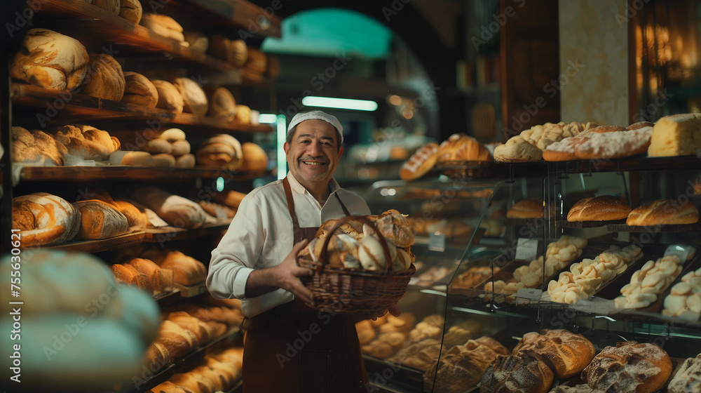 A bakery worker in uniform holds a basket of bread in the bakery. In the background is a shelf filled with fresh confectionery for sale. - obrazy, fototapety, plakaty 