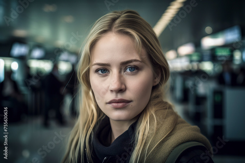 A blonde woman with blue eyes is standing in a busy airport terminal. She is wearing a black jacket and a brown scarf
