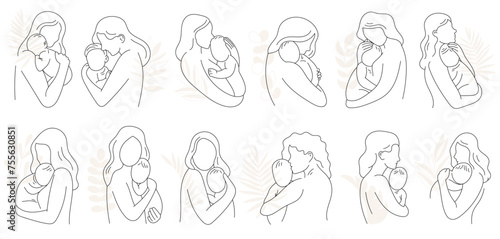Loving mother holding adorable newborn baby line art isolated set happy family vector illustration