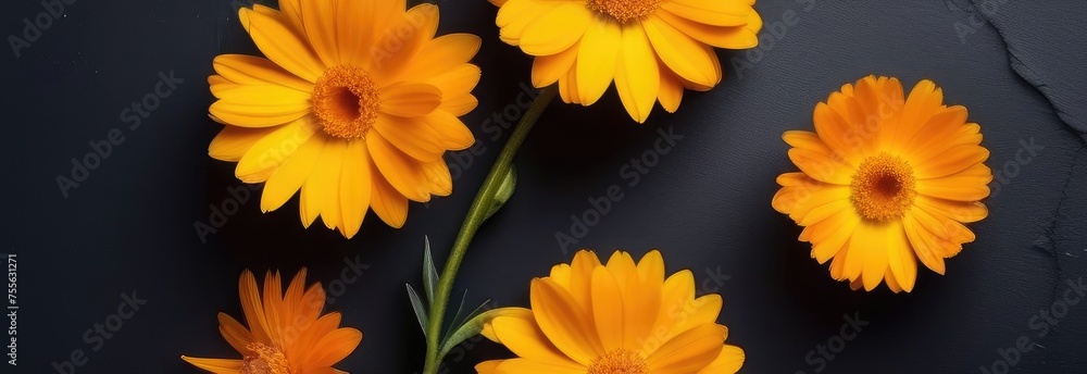 Orange marigold flowers on a black stone background. Calendula medicinal flowers. Copy space, place for text, empty space. View from above. banner
