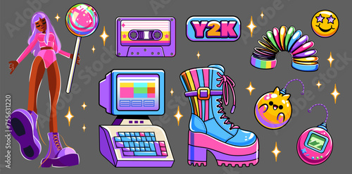 Retro 80s 90s elements in modern style flat, line style. Old computer, girl, cassete high platform boots, slinky. Fashion neon colors patch, badge, emblem.