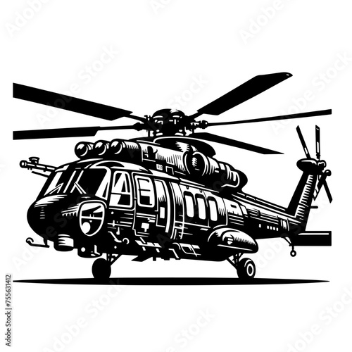 Cartoon Black and White Isolated Illustration Vector Of A Air Force Military Blackhawk Apache Attack Helicopter