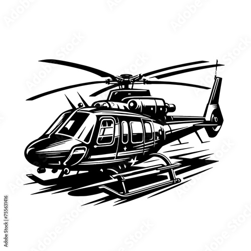 Cartoon Black and White Isolated Illustration Vector Of A Air Force Military Blackhawk Apache Attack Helicopter