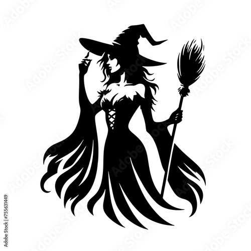Cartoon Black and White Isolated Illustration Vector Of A Female Witch Holding Broomstick