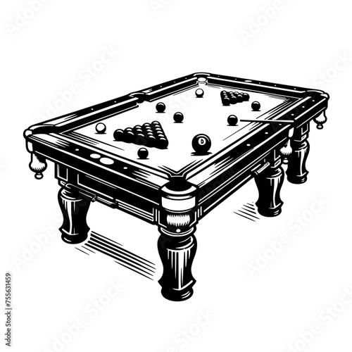 Cartoon Black and White Isolated Illustration Vector Of A Pool Snooker Billiards Table with Cue