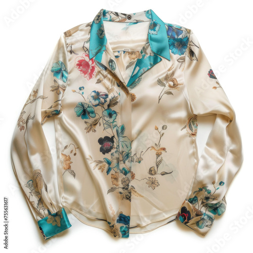 Elegant Satin Blouse with Floral Print and Contrasting Turquoise Collar on White Background © KirKam