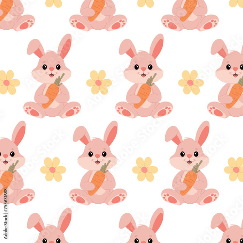 Pink bunny with carrot in flat style. Baby pattern with pink rabbit. Seamless pattern for textile, wrapping paper, background. Easter bunny.