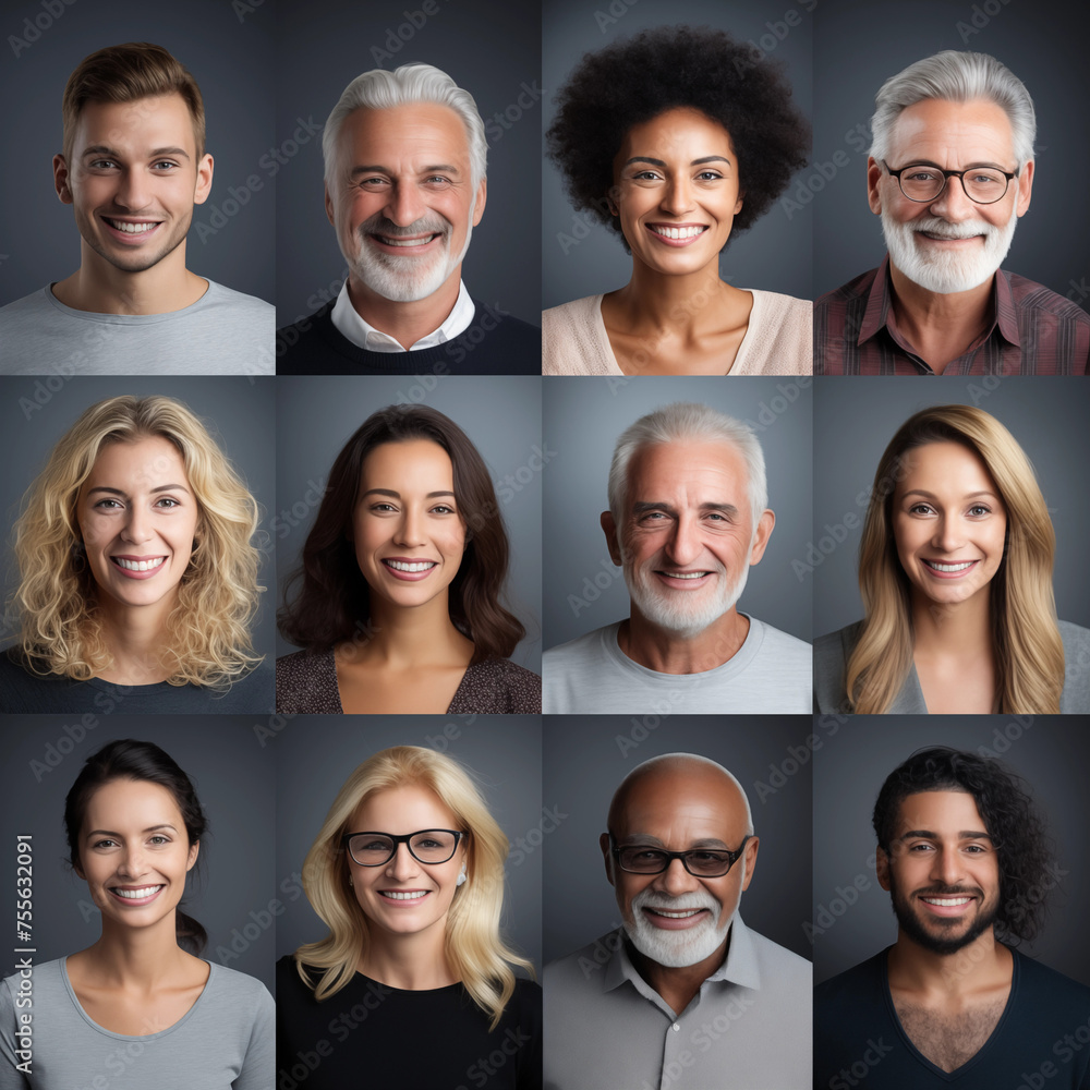 Many Headshots of a smiling men and women on a gray background looking at the camera Many Headshots of a smiling men and women on a gray background looking at the camera