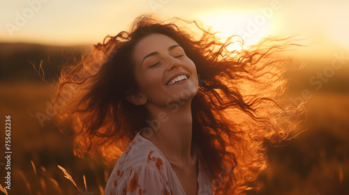 Backlit portrait of calm happy smiling free woman with closed eyes enjoys a beautiful moment life on the fields at sunset © Luckygraphics