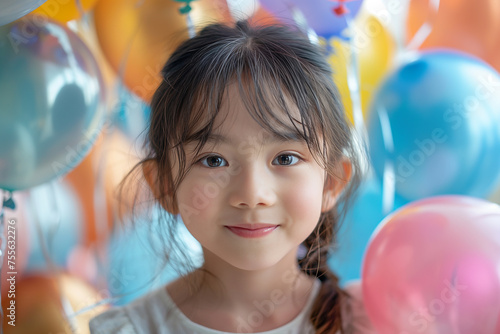 Happy Asian little girl playing colorful balloons in background