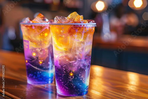 Cosmic Galaxy-Themed Iced Drinks on a Wooden Bar Counter