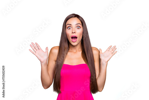 It's so interesting! Fun joy people concept. Close up studio photo portrait of pretty crazy mad cute lovely lady waving gesturing hands staring looking at you camera isolated bright vivid background