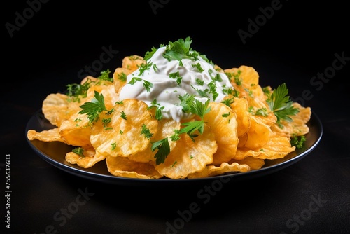 Potato chips with sour cream and parsley on a black background. copy space