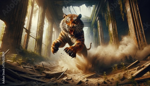 An intense digital artwork depicting a fierce tiger jumping aggressively out of a chaotic apocalyptic urban landscape. photo