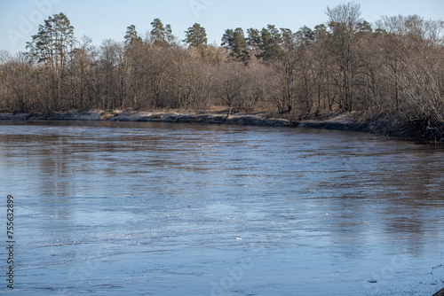 Saka river near Jekabpils town in Latvia. River in spring after floods