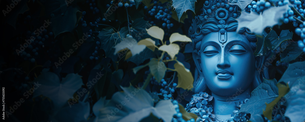 Beautifully Blue-Skinned Statue of Lord Rama Face with Eye Closed on Nature Background. Can Be Used as Shri Ram Navami Banner. - obrazy, fototapety, plakaty 