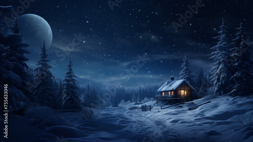 Night sky over snow-covered house in forest--