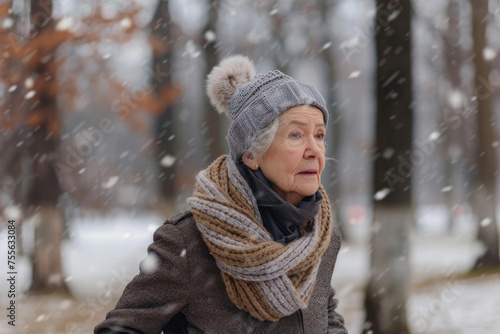 senior woman looking away while running at park during winter