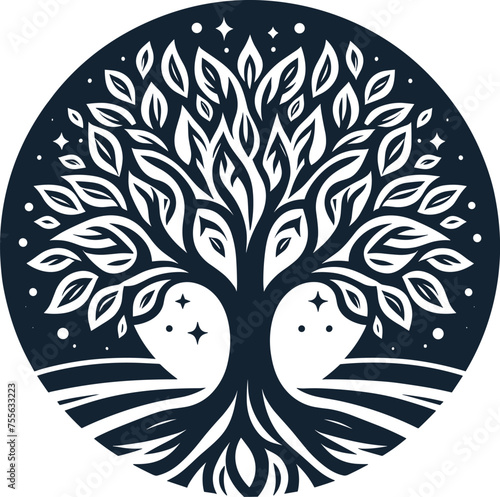 Illustration of a symbolic black tree icon resembling the tree of life, presented as a logo in vector format.