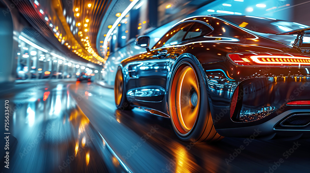 back rear wheel of fast moving car with motion blur. Luxury black car at night back rear wheel of fast moving car with motion blur. Luxury black car at night