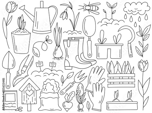 Gardening tools, faming equipments and growing horticulture plants coloring line graphic set