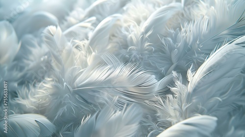 Soft white feathers filling the frame with a delicate texture. close-up shot ideal for backgrounds and elegance themes. serenity and purity captured. AI