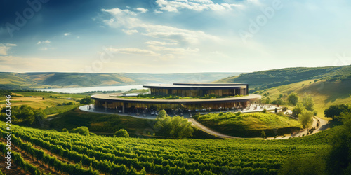 Vineyard landscape with a modern winery building on a hill under stunning sky. Rows of grapes. Generative AI
