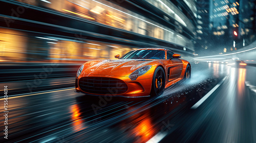 Fototapeta Naklejka Na Ścianę i Meble -  luxury orange sports car drives fast on road at night in city